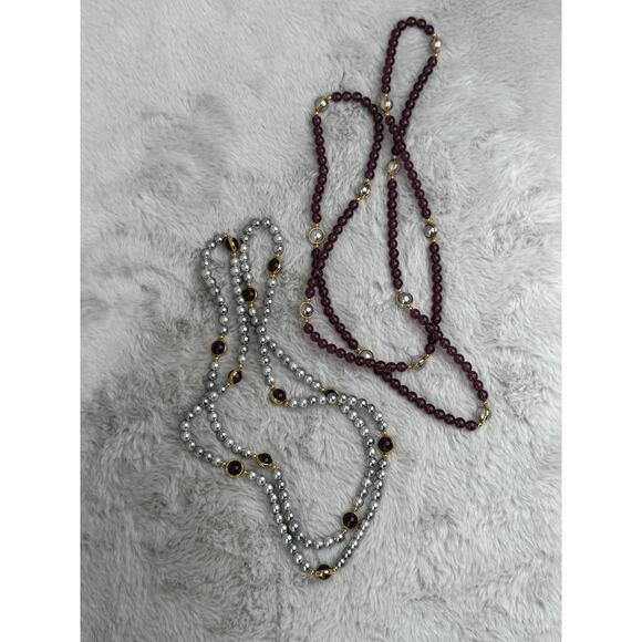 2pc Vintage Faux Pearl & Plum Bead Necklaces Set Gold Tone Accents 38” Each - Picture 6 of 6